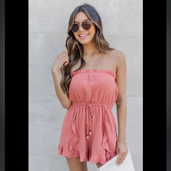 Pink Lily Never A Compromise Terracotta Strapless Linen Romper Women's Small - Picture 2 of 14